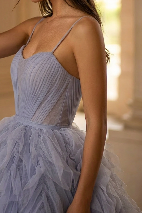 Light Blue Layered Tulle Party Dress - Spaghetti Strap and Corset Back Wedding Dress Plus Size