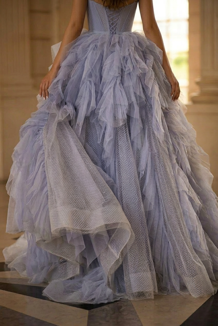 Light Blue Layered Tulle Party Dress - Spaghetti Strap and Corset Back Wedding Dress Plus Size