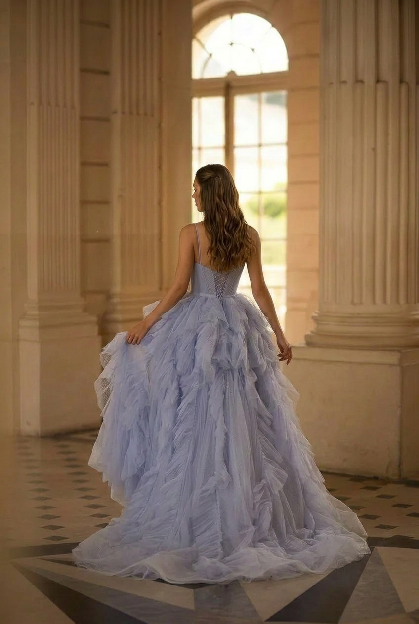 Light Blue Layered Tulle Party Dress - Spaghetti Strap and Corset Back Wedding Dress Plus Size