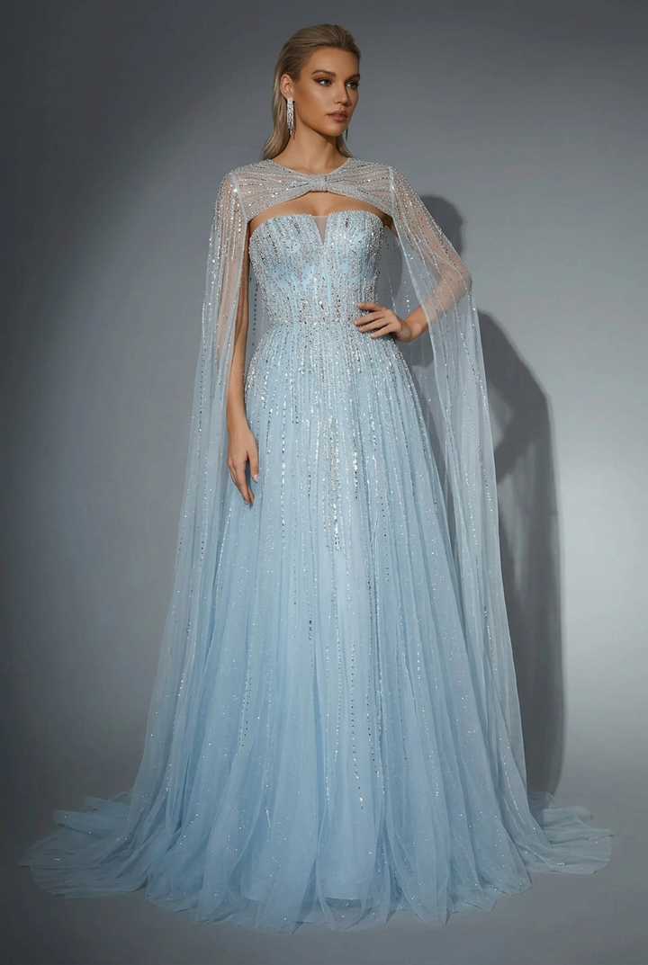 Elegantes Champagner-Abendkleid mit Pailletten und Tüll - Champagner-Kleid für Hochzeitsgäste - Hübsches Paillettenkleid mit langen Ärmeln in Übergröße
