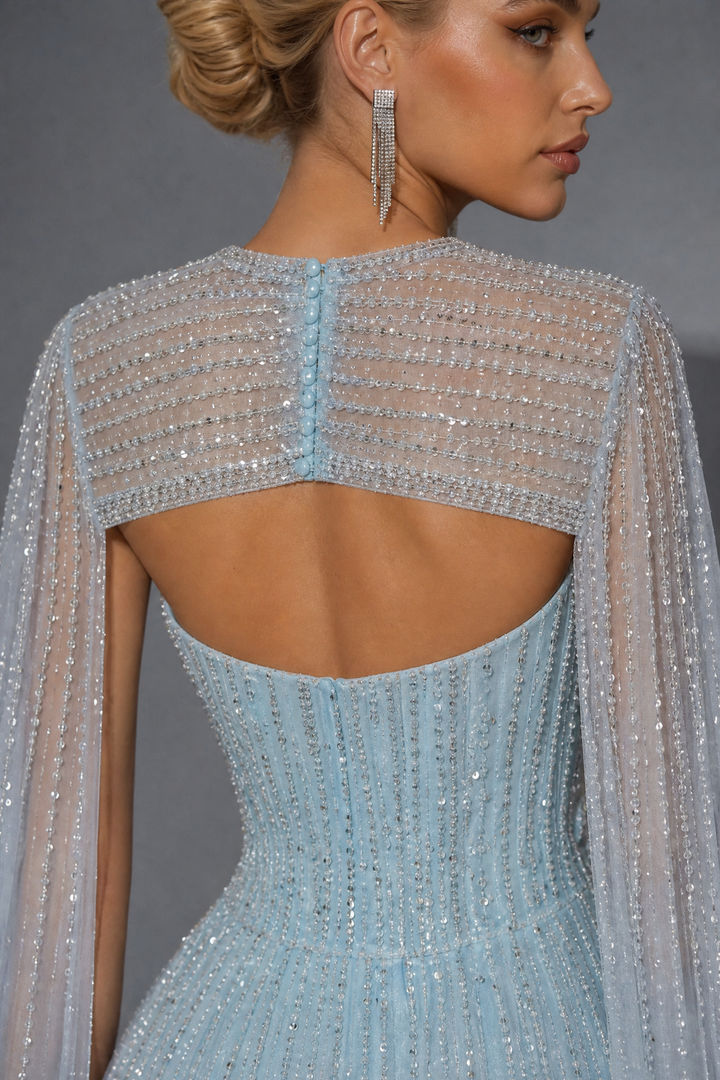 Elegantes Champagner-Abendkleid mit Pailletten und Tüll - Champagner-Kleid für Hochzeitsgäste - Hübsches Paillettenkleid mit langen Ärmeln in Übergröße