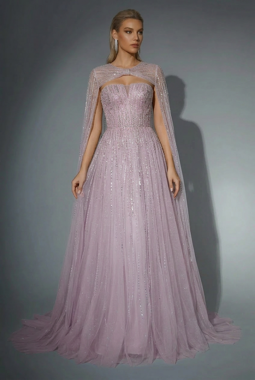 Elegantes Champagner-Abendkleid mit Pailletten und Tüll - Champagner-Kleid für Hochzeitsgäste - Hübsches Paillettenkleid mit langen Ärmeln in Übergröße