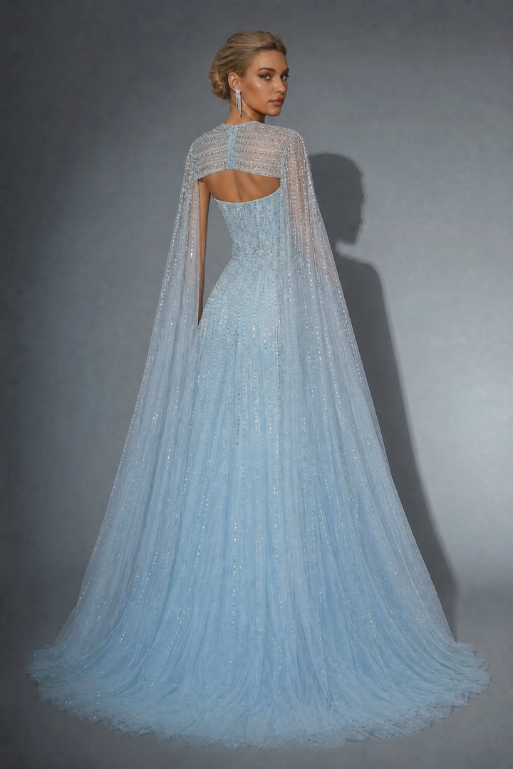 Elegantes Champagner-Abendkleid mit Pailletten und Tüll - Champagner-Kleid für Hochzeitsgäste - Hübsches Paillettenkleid mit langen Ärmeln in Übergröße