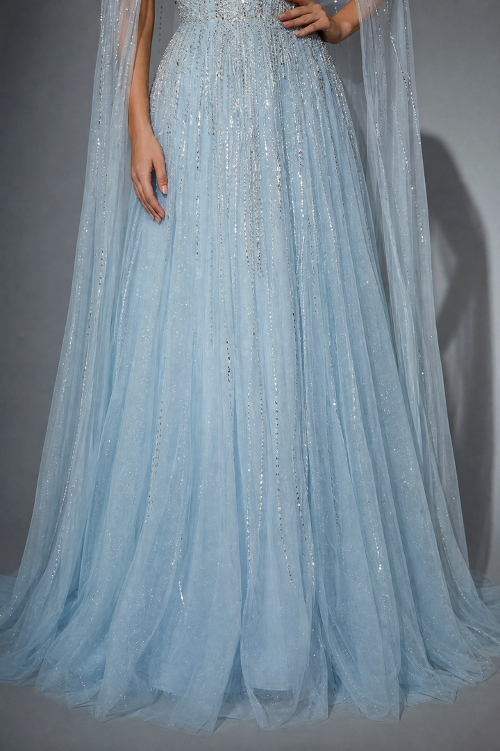 Elegantes Champagner-Abendkleid mit Pailletten und Tüll - Champagner-Kleid für Hochzeitsgäste - Hübsches Paillettenkleid mit langen Ärmeln in Übergröße