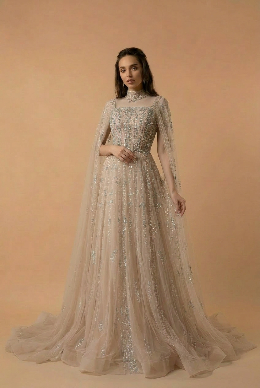 Elegantes Champagner-Abendkleid mit Pailletten und Tüll - Champagner-Kleid für Hochzeitsgäste - Hübsches Paillettenkleid mit langen Ärmeln in Übergröße