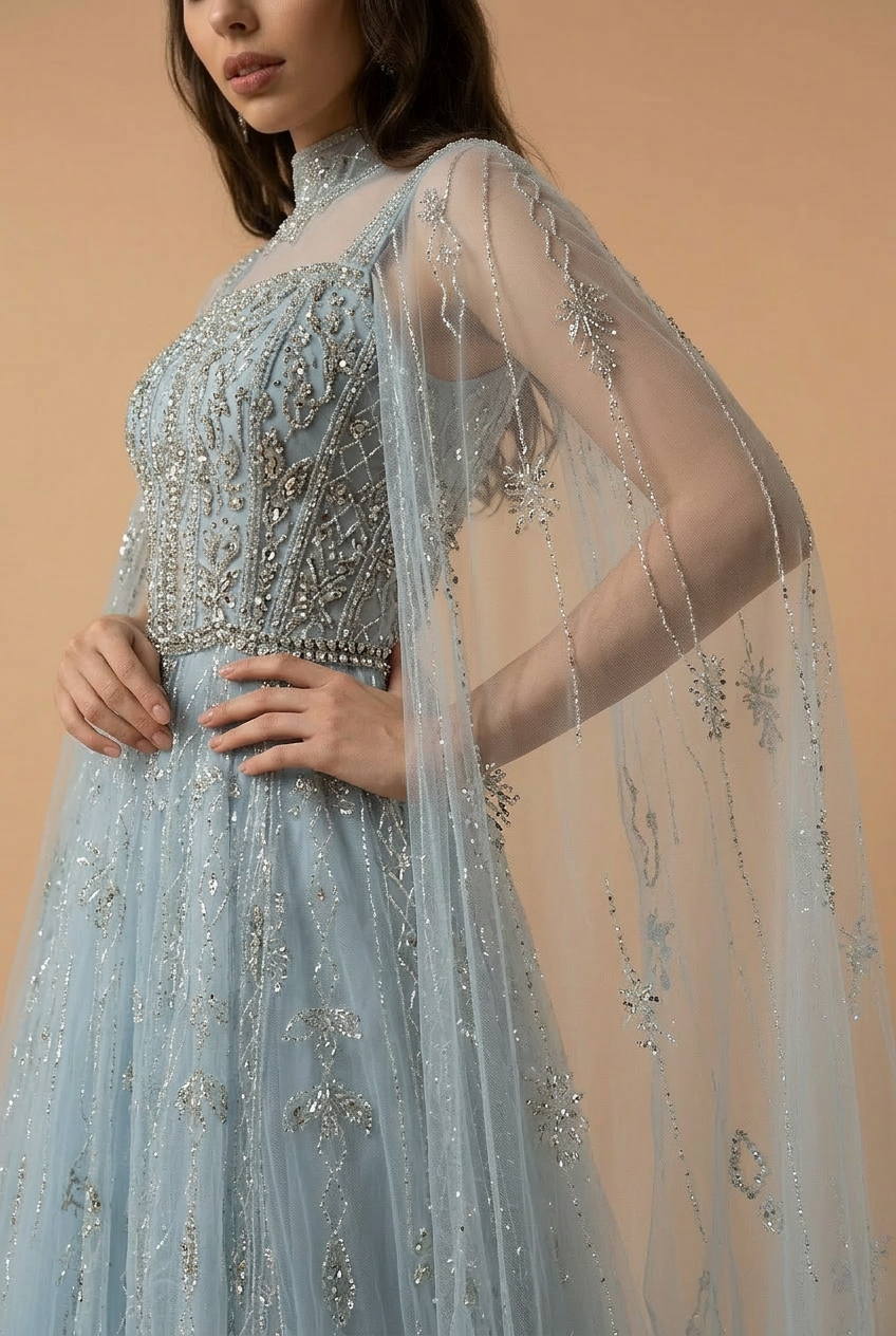 Elegantes Champagner-Abendkleid mit Pailletten und Tüll - Champagner-Kleid für Hochzeitsgäste - Hübsches Paillettenkleid mit langen Ärmeln in Übergröße