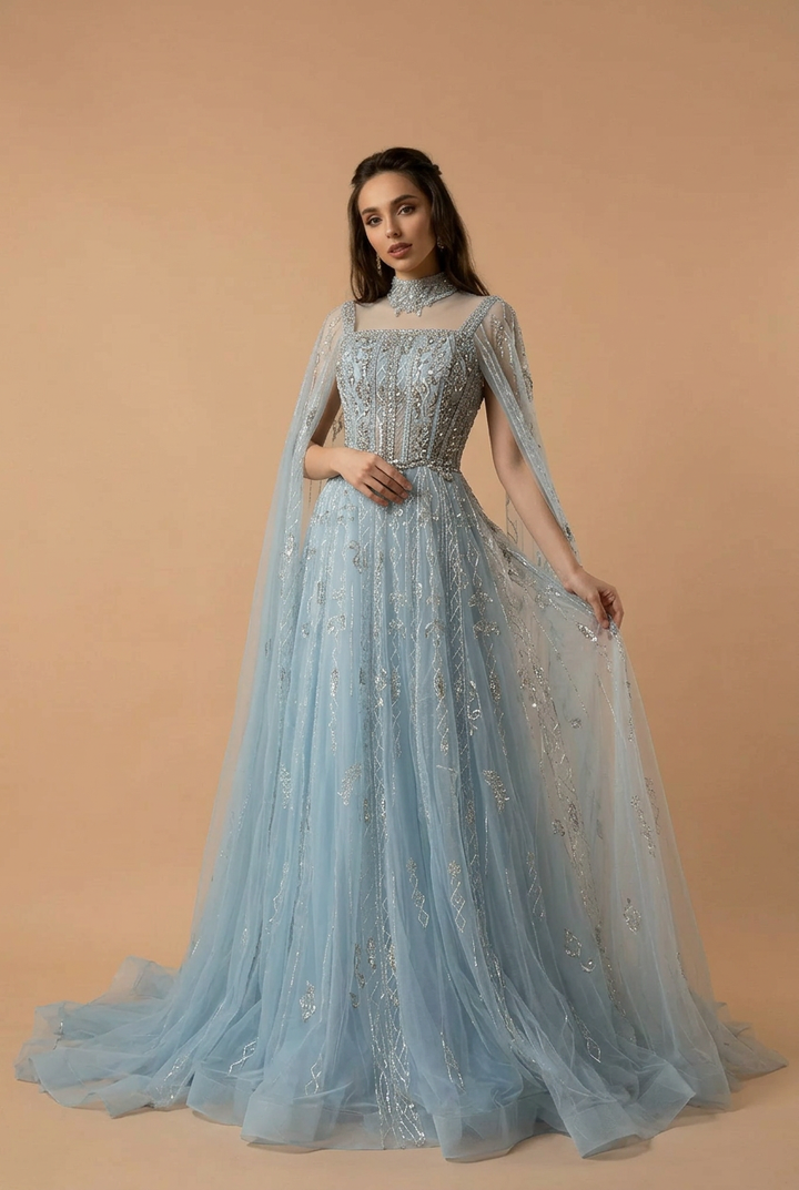 Elegantes Champagner-Abendkleid mit Pailletten und Tüll - Champagner-Kleid für Hochzeitsgäste - Hübsches Paillettenkleid mit langen Ärmeln in Übergröße