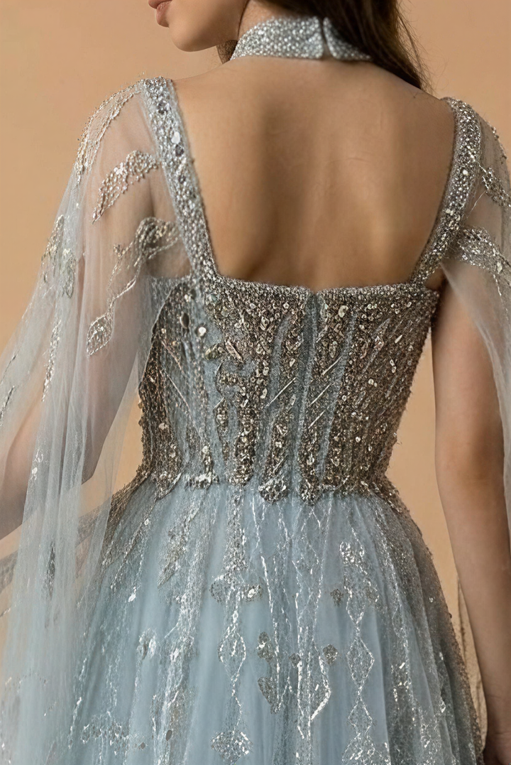 Elegantes Champagner-Abendkleid mit Pailletten und Tüll - Champagner-Kleid für Hochzeitsgäste - Hübsches Paillettenkleid mit langen Ärmeln in Übergröße