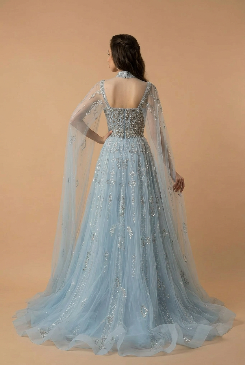 Elegantes Champagner-Abendkleid mit Pailletten und Tüll - Champagner-Kleid für Hochzeitsgäste - Hübsches Paillettenkleid mit langen Ärmeln in Übergröße