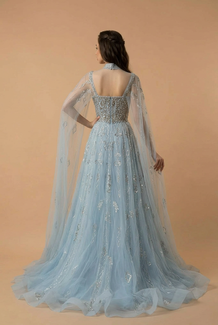 Elegantes Champagner-Abendkleid mit Pailletten und Tüll - Champagner-Kleid für Hochzeitsgäste - Hübsches Paillettenkleid mit langen Ärmeln in Übergröße