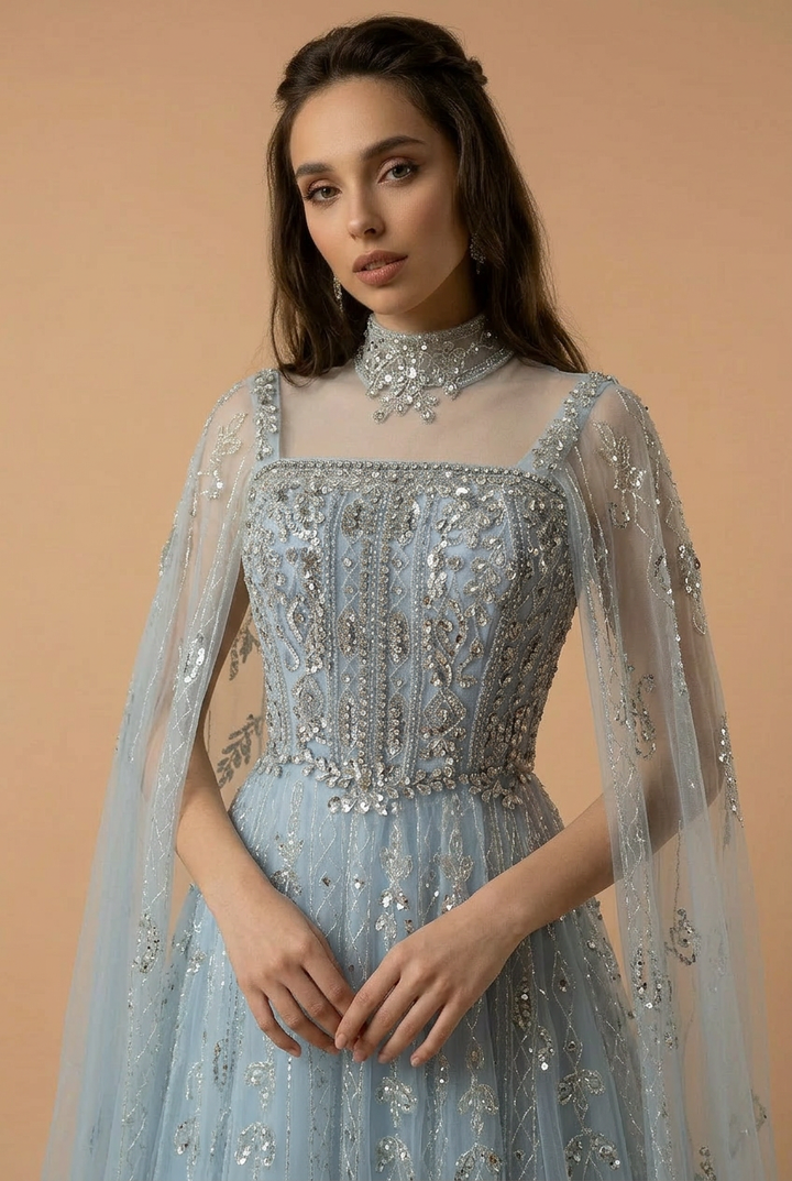 Elegantes Champagner-Abendkleid mit Pailletten und Tüll - Champagner-Kleid für Hochzeitsgäste - Hübsches Paillettenkleid mit langen Ärmeln in Übergröße