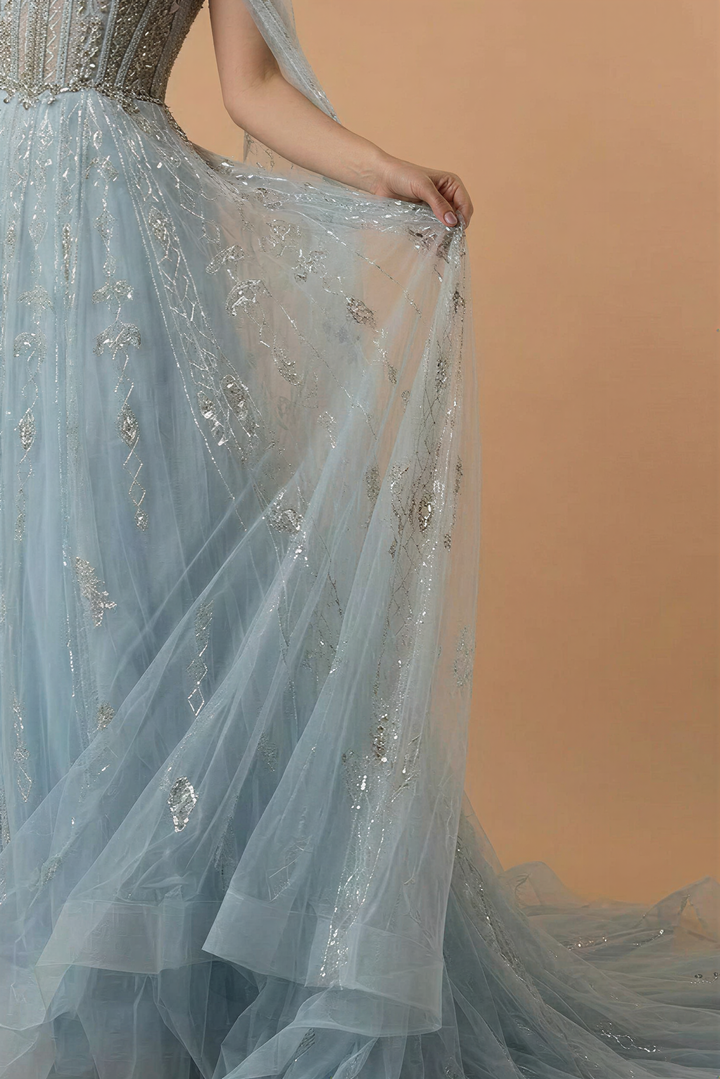 Elegantes Champagner-Abendkleid mit Pailletten und Tüll - Champagner-Kleid für Hochzeitsgäste - Hübsches Paillettenkleid mit langen Ärmeln in Übergröße