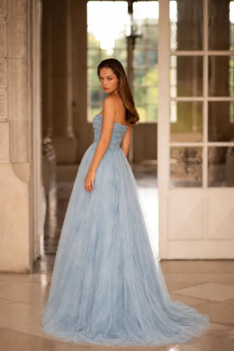 Light Blue Strapless Evening Dress with Beading – Corset Evening Dress with Lace-Up Back Plus Size