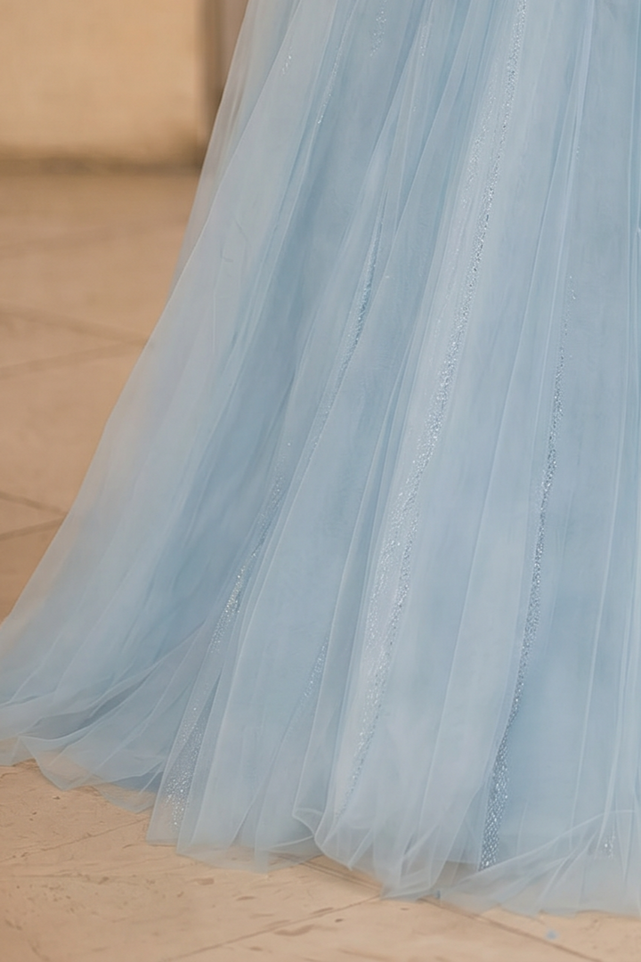 Light Blue Strapless Evening Dress with Beading – Corset Evening Dress with Lace-Up Back Plus Size