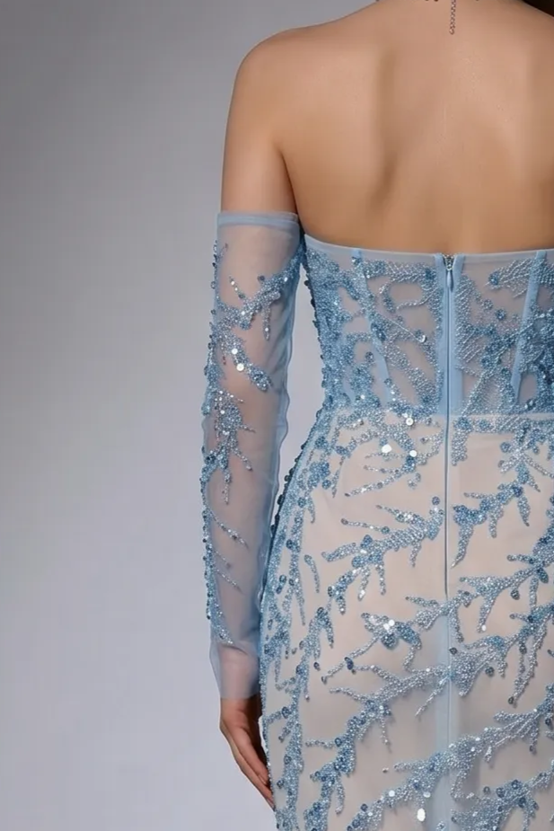Light Blue Strapless Glitter Dress with Long Sleeves - Elegant Off-Shoulder and Beaded SequinEvening Gown Plus Size