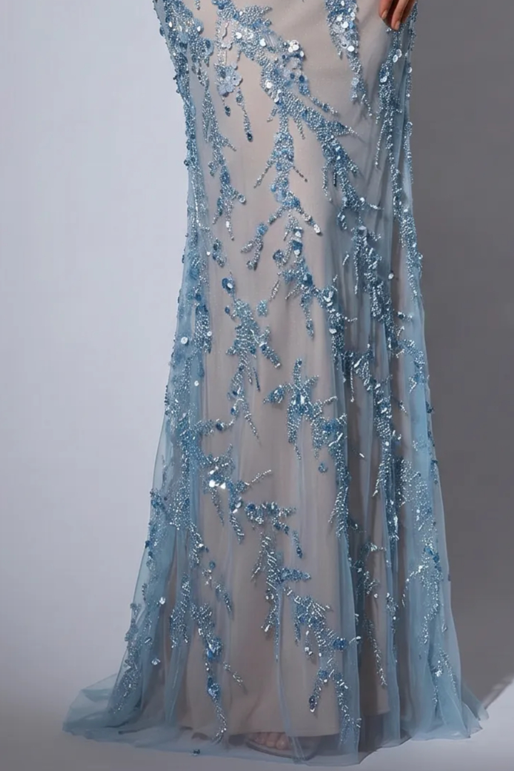 Light Blue Strapless Glitter Dress with Long Sleeves - Elegant Off-Shoulder and Beaded SequinEvening Gown Plus Size