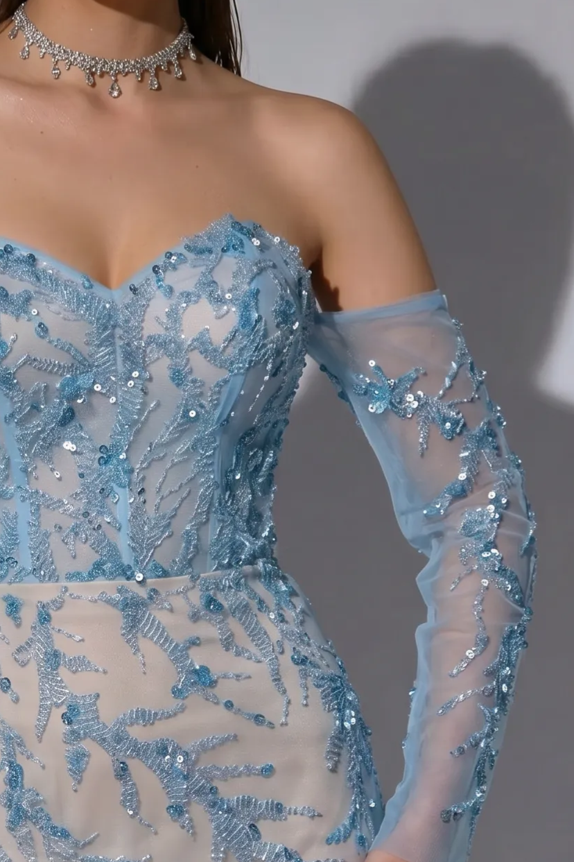 Light Blue Strapless Glitter Dress with Long Sleeves - Elegant Off-Shoulder and Beaded SequinEvening Gown Plus Size