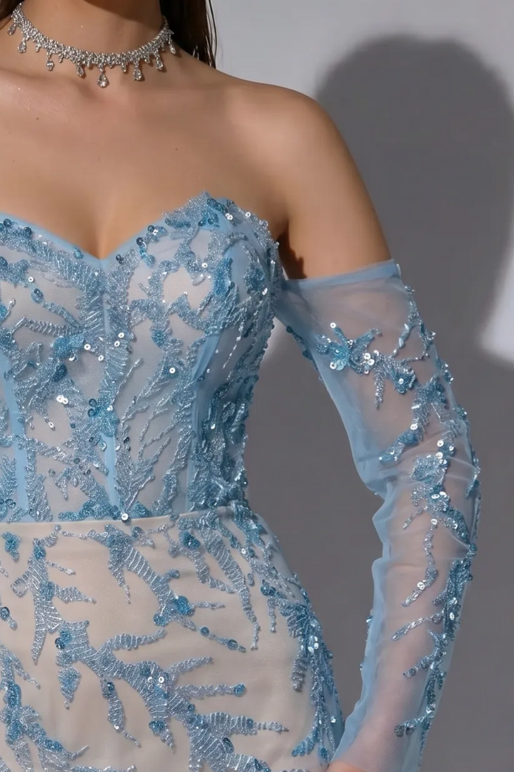 Light Blue Strapless Glitter Dress with Long Sleeves - Elegant Off-Shoulder and Beaded SequinEvening Gown Plus Size