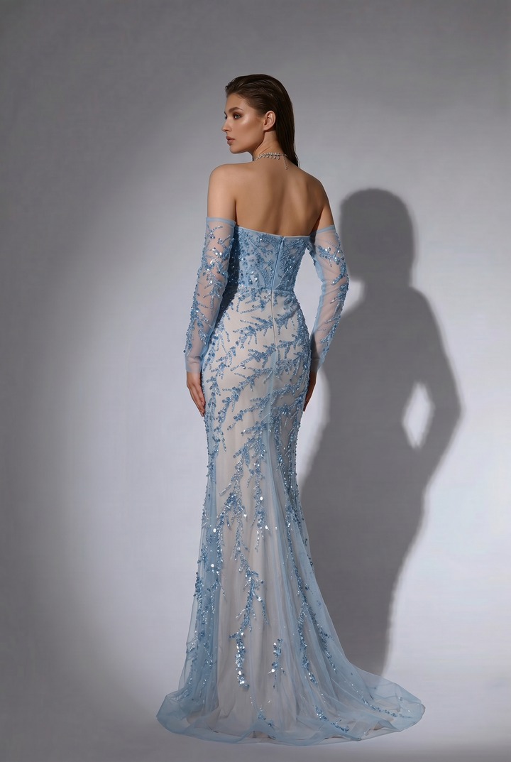 Light Blue Strapless Glitter Dress with Long Sleeves - Elegant Off-Shoulder and Beaded SequinEvening Gown Plus Size