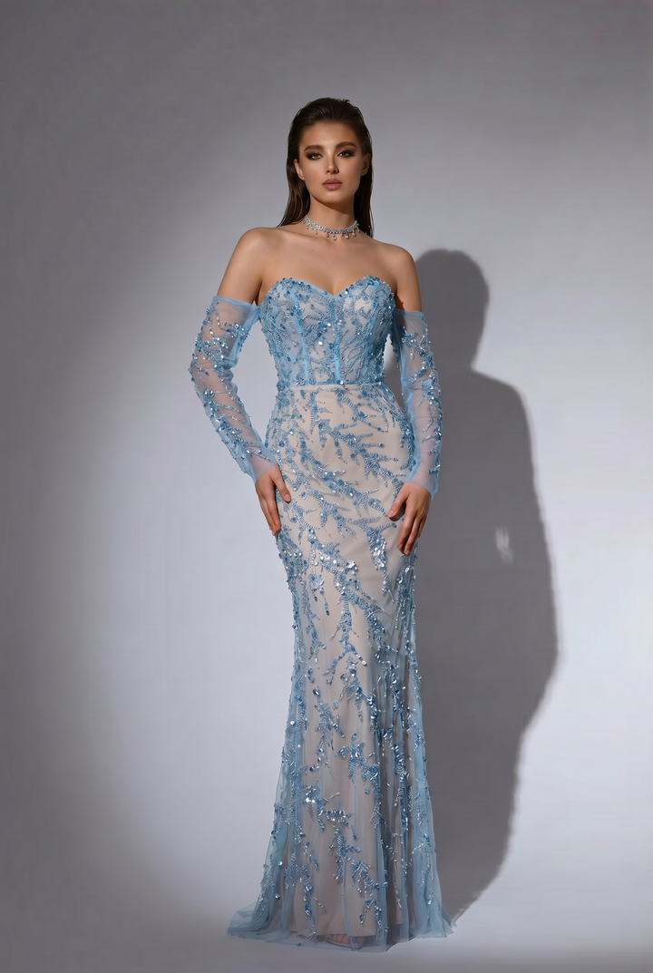 Light Blue Strapless Glitter Dress with Long Sleeves - Elegant Off-Shoulder and Beaded SequinEvening Gown Plus Size