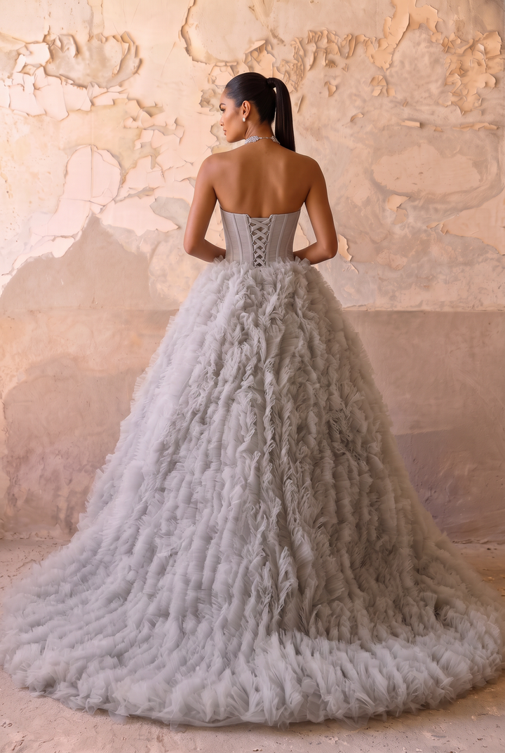 Light Grey Tulle Evening Dress - Corset Back Wedding Dress Plus Size