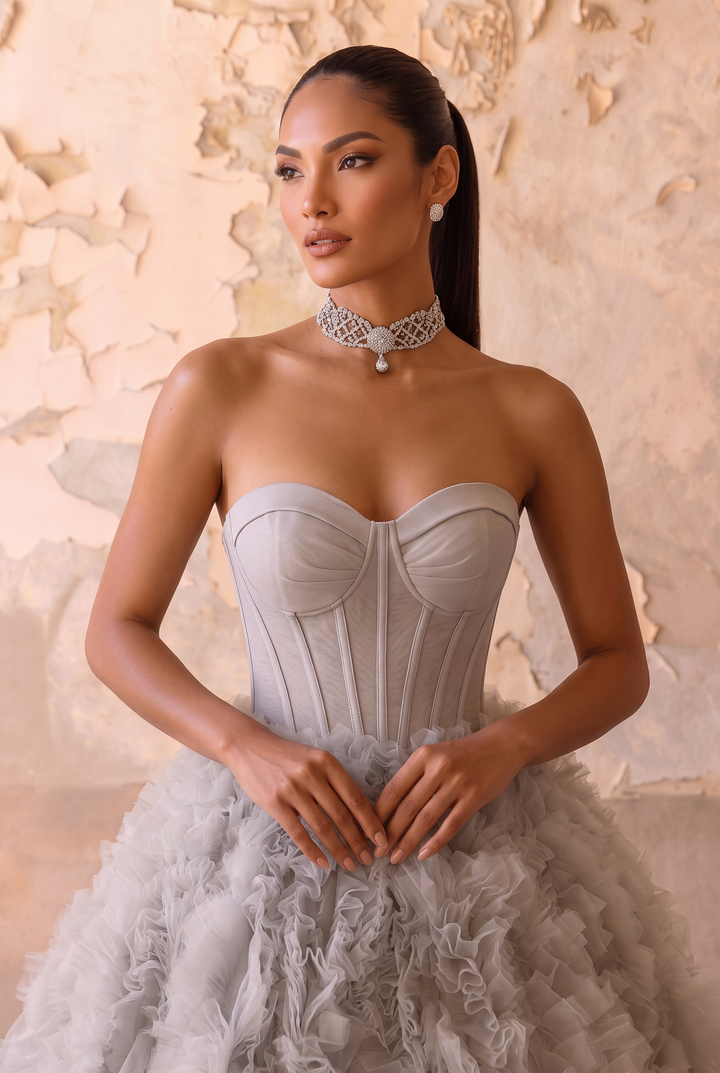 Light Grey Tulle Evening Dress - Corset Back Wedding Dress Plus Size