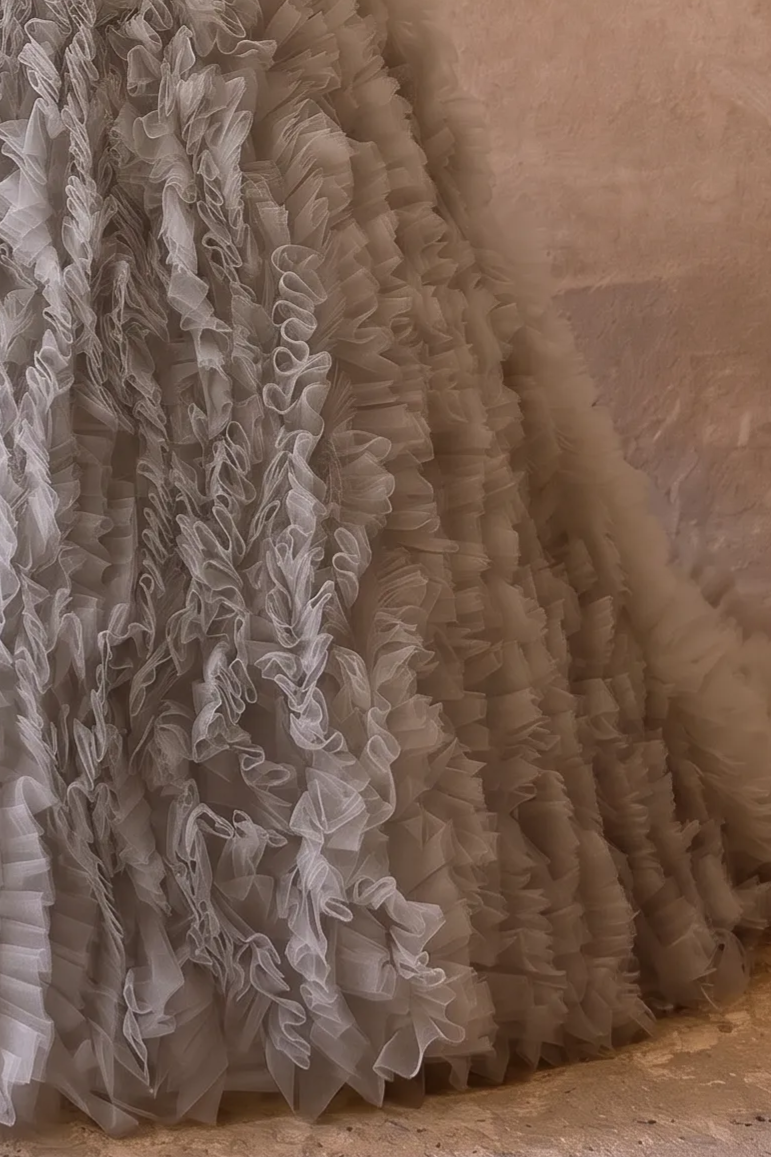 Light Grey Tulle Evening Dress - Corset Back Wedding Dress Plus Size