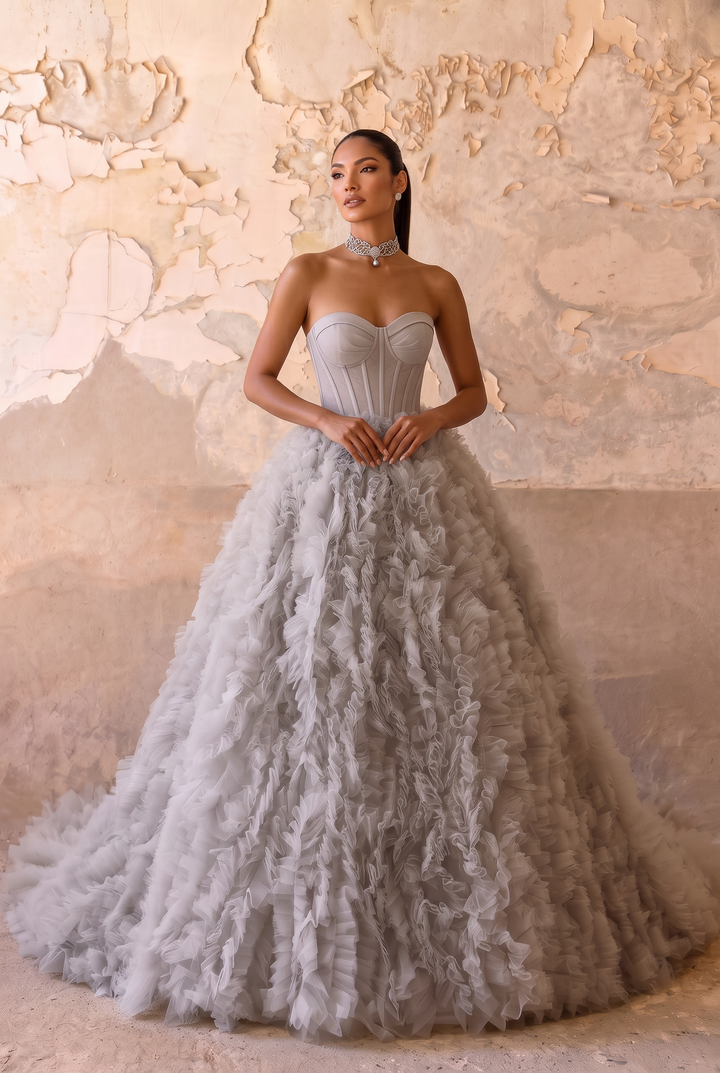 Light Grey Tulle Evening Dress - Corset Back Wedding Dress Plus Size