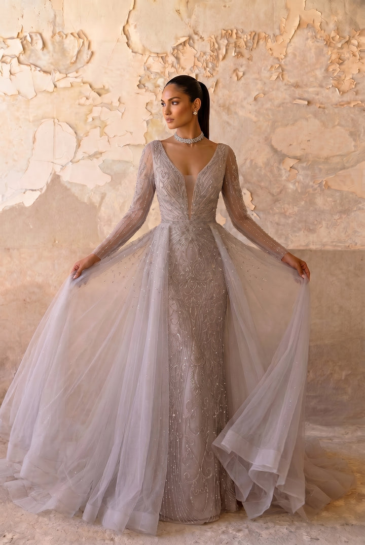 Light Pink Sequin Ball Gown with Long Sleeves - Ethereal Pink Tulle Evening Dress Plus Size