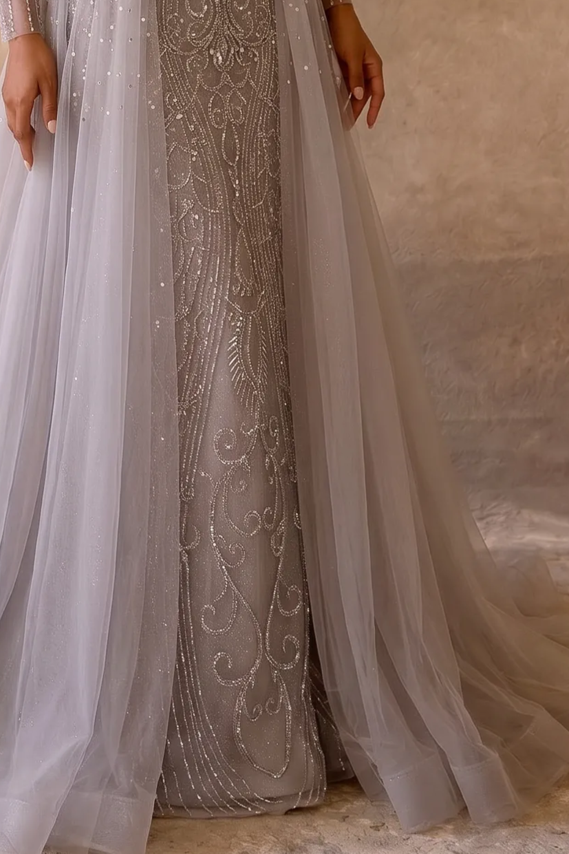 Light Pink Sequin Ball Gown with Long Sleeves - Ethereal Pink Tulle Evening Dress Plus Size
