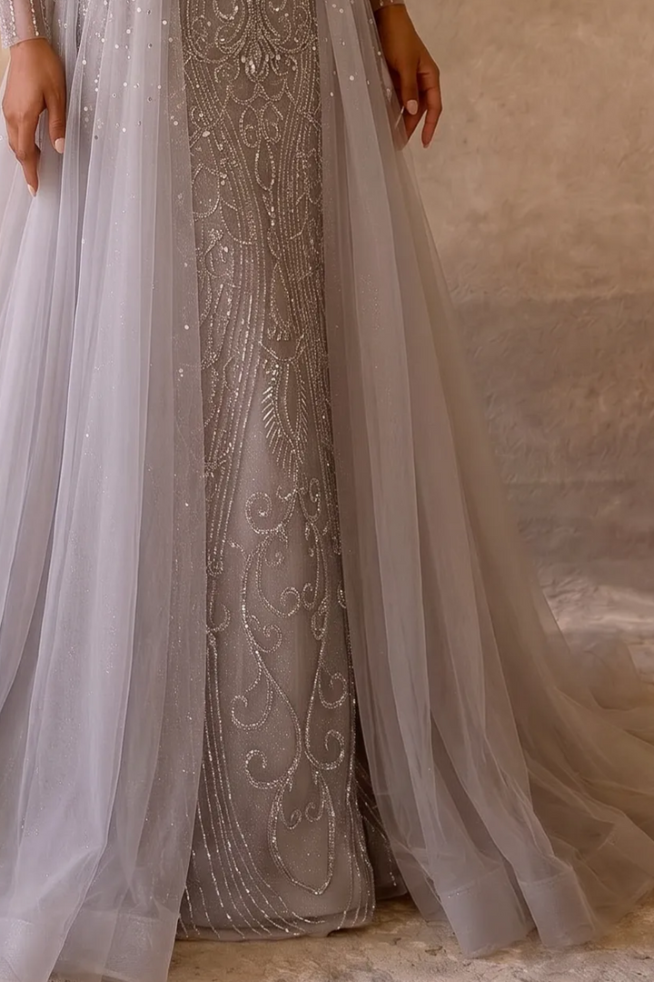 Light Pink Sequin Ball Gown with Long Sleeves - Ethereal Pink Tulle Evening Dress Plus Size