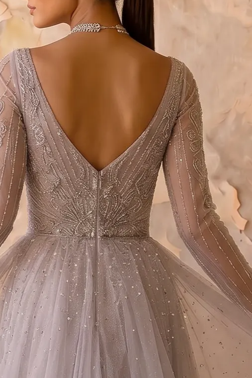 Light Pink Sequin Ball Gown with Long Sleeves - Ethereal Pink Tulle Evening Dress Plus Size