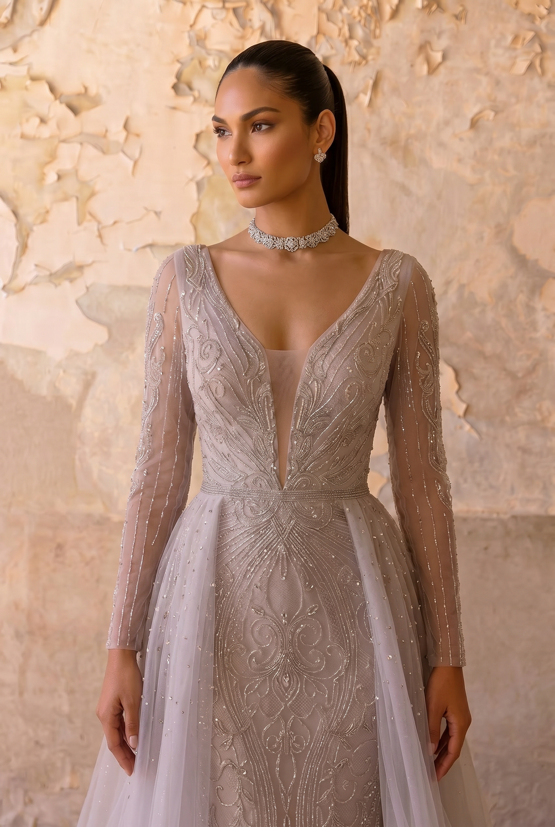 Light Pink Sequin Ball Gown with Long Sleeves - Ethereal Pink Tulle Evening Dress Plus Size