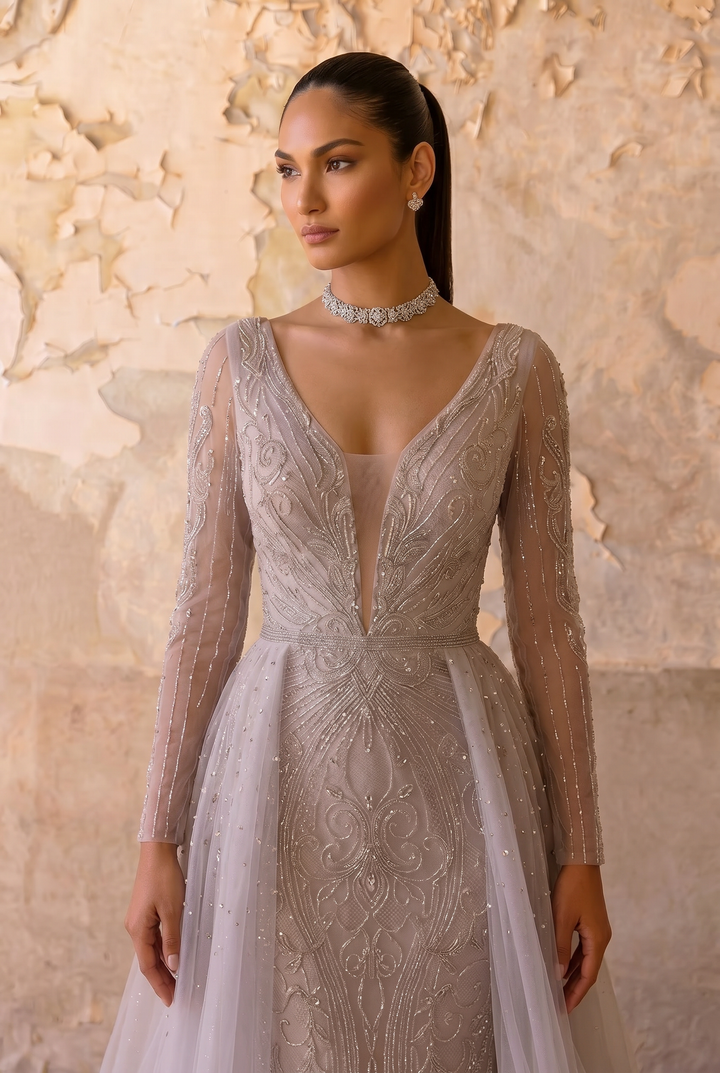 Light Pink Sequin Ball Gown with Long Sleeves - Ethereal Pink Tulle Evening Dress Plus Size