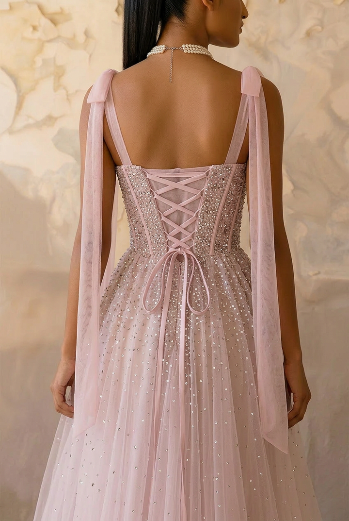 Light Pink Sequin Evening Dress with Corset Bodice – Sparkly Maxi Dress with Corset Back Plus Size