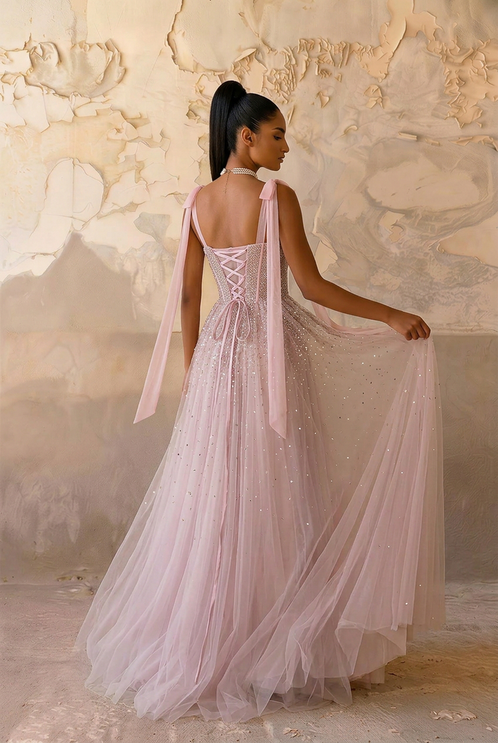 Light Pink Sequin Evening Dress with Corset Bodice – Sparkly Maxi Dress with Corset Back Plus Size
