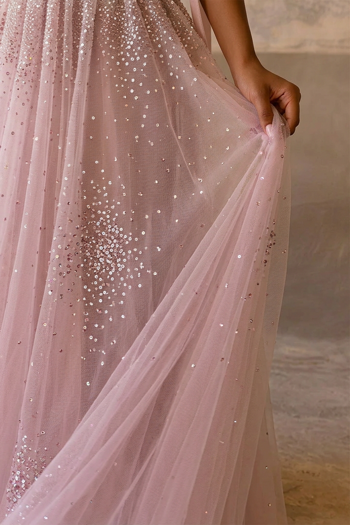 Light Pink Sequin Evening Dress with Corset Bodice – Sparkly Maxi Dress with Corset Back Plus Size