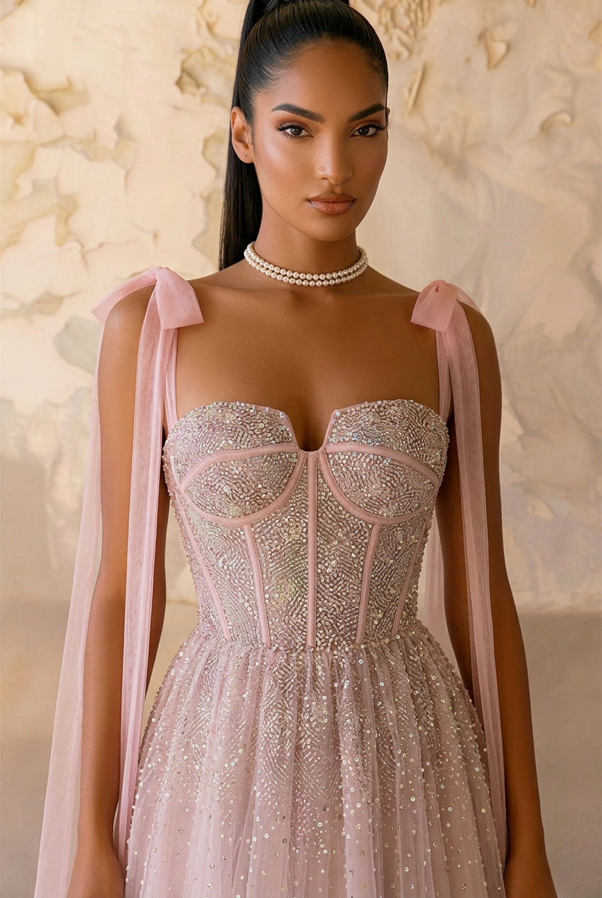 Light Pink Sequin Evening Dress with Corset Bodice – Sparkly Maxi Dress with Corset Back Plus Size