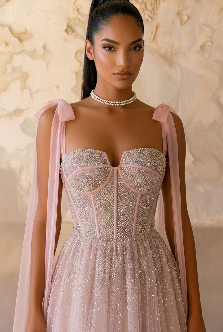 Light Pink Sequin Evening Dress with Corset Bodice – Sparkly Maxi Dress with Corset Back Plus Size