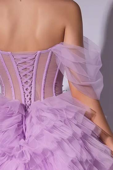 Light Purple Off-Shoulder Layered Tulle Ruffle Dress - Purple Corset Back Wedding Dress Plus Size
