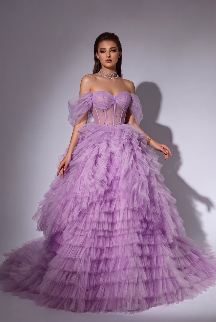 Light Purple Off-Shoulder Layered Tulle Ruffle Dress - Purple Corset Back Wedding Dress Plus Size