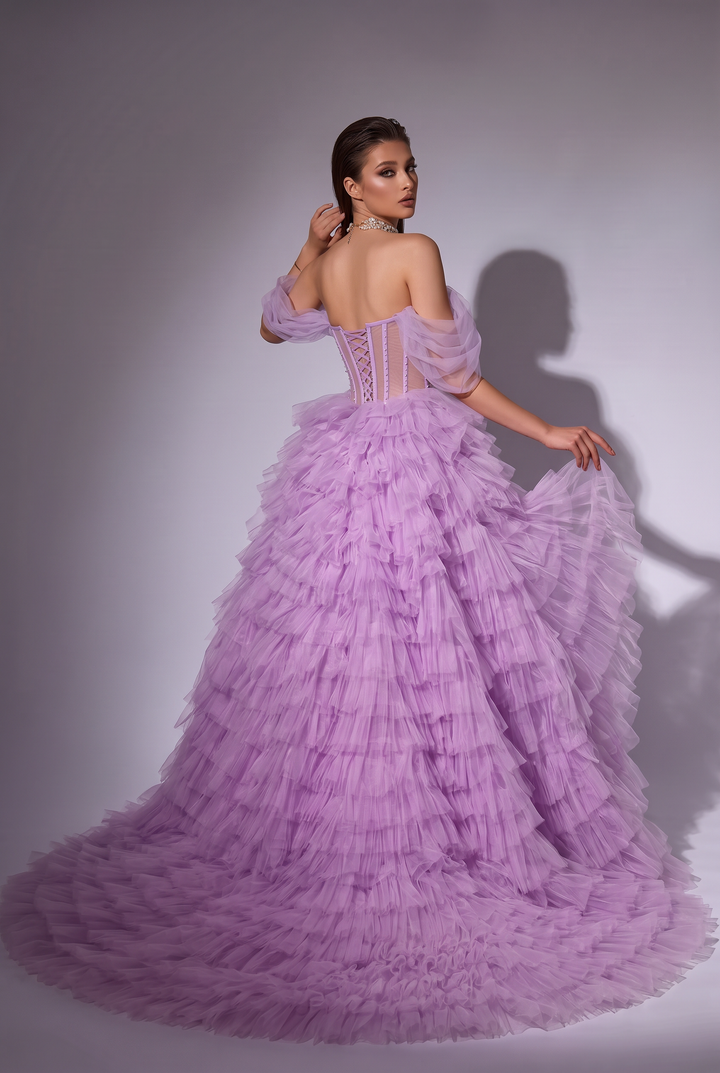 Light Purple Off-Shoulder Layered Tulle Ruffle Dress - Purple Corset Back Wedding Dress Plus Size