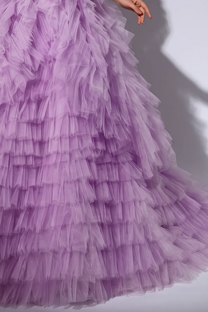 Light Purple Off-Shoulder Layered Tulle Ruffle Dress - Purple Corset Back Wedding Dress Plus Size
