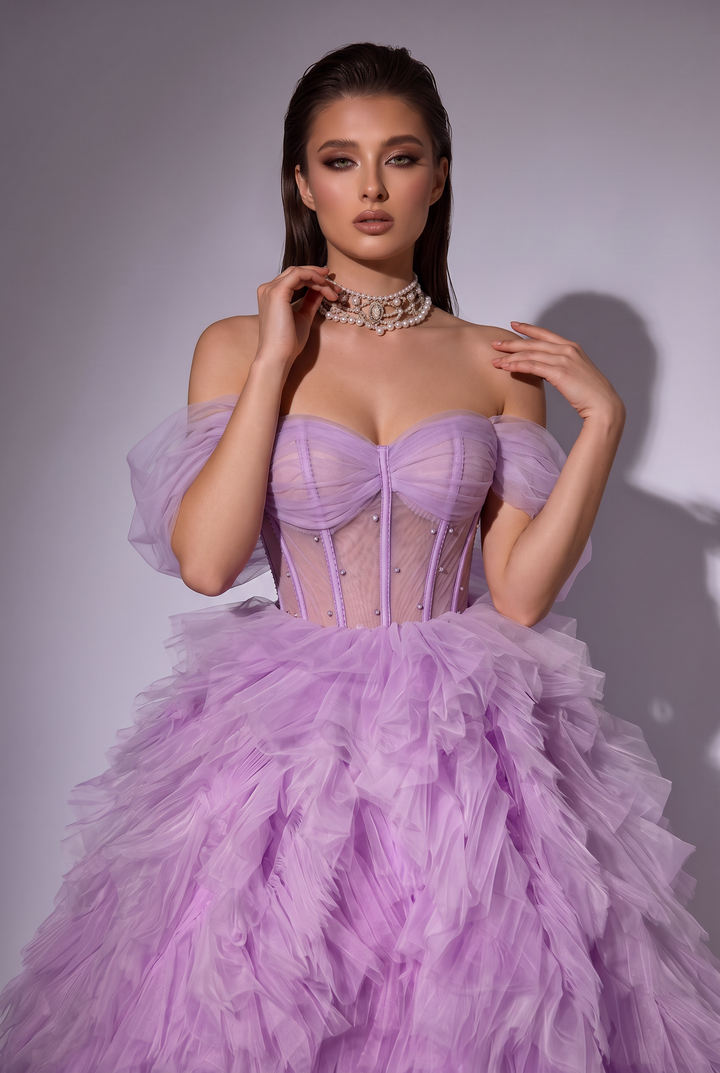Light Purple Off-Shoulder Layered Tulle Ruffle Dress - Purple Corset Back Wedding Dress Plus Size