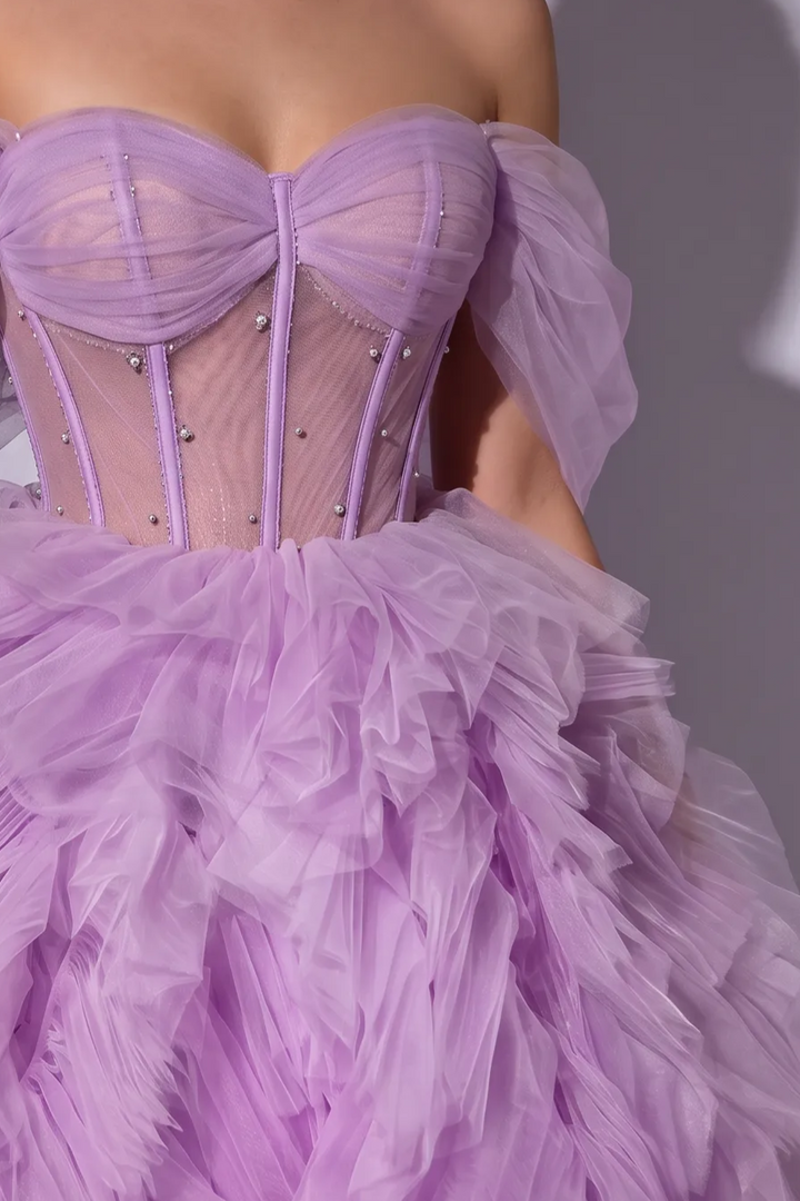 Light Purple Off-Shoulder Layered Tulle Ruffle Dress - Purple Corset Back Wedding Dress Plus Size