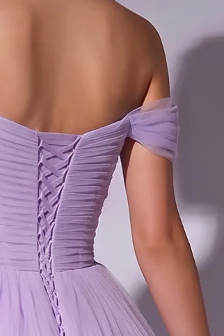 Light Purple Off-Shoulder Tulle Party Dress - Purple Corset Back Wedding Dress Plus Size