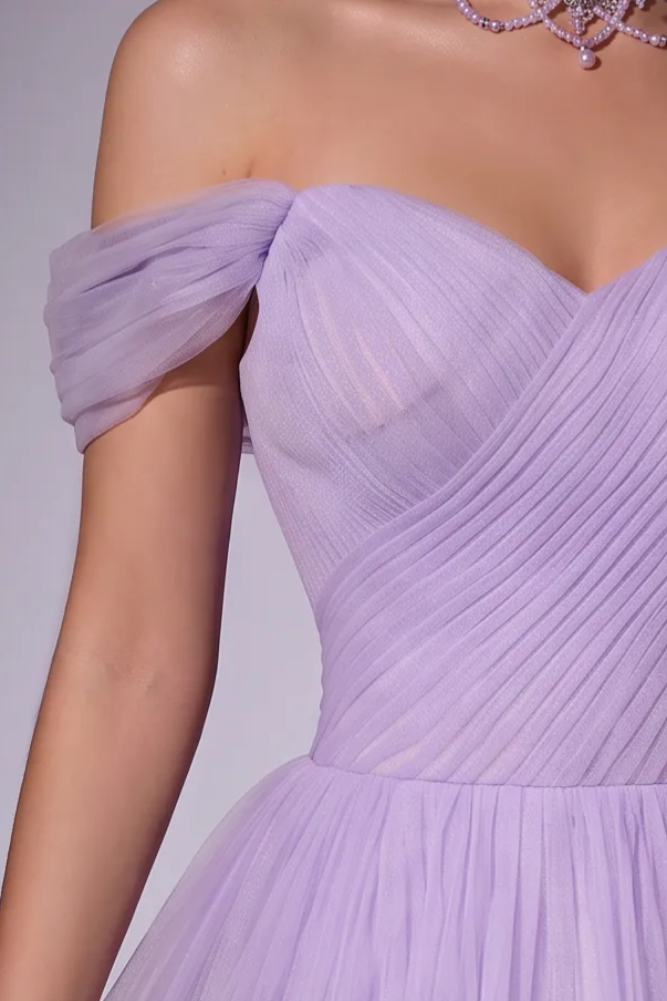 Light Purple Off-Shoulder Tulle Party Dress - Purple Corset Back Wedding Dress Plus Size