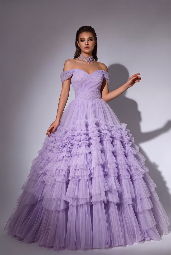 Light Purple Off-Shoulder Tulle Party Dress - Purple Corset Back Wedding Dress Plus Size
