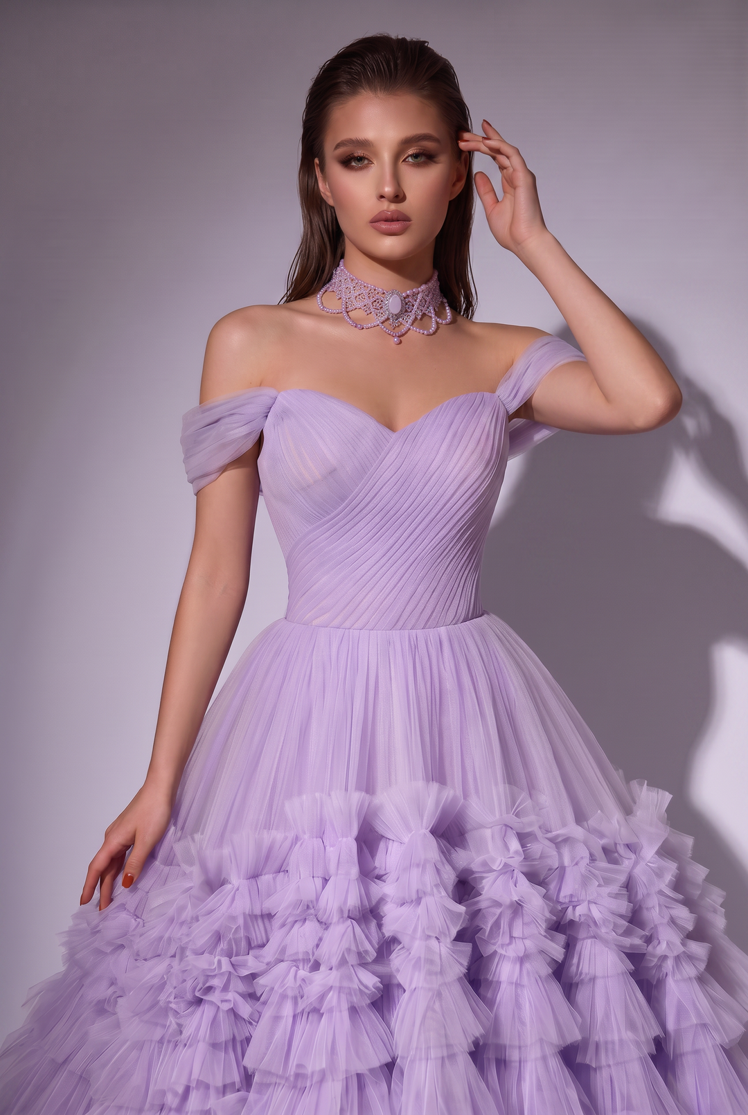 Light Purple Off-Shoulder Tulle Party Dress - Purple Corset Back Wedding Dress Plus Size