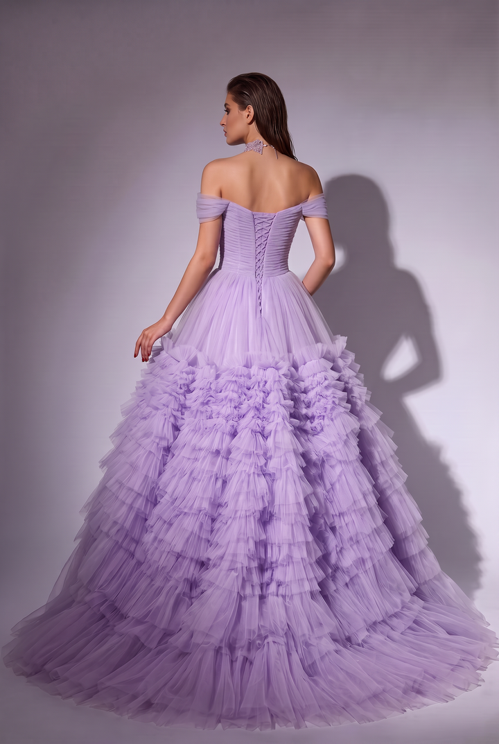 Light Purple Off-Shoulder Tulle Party Dress - Purple Corset Back Wedding Dress Plus Size